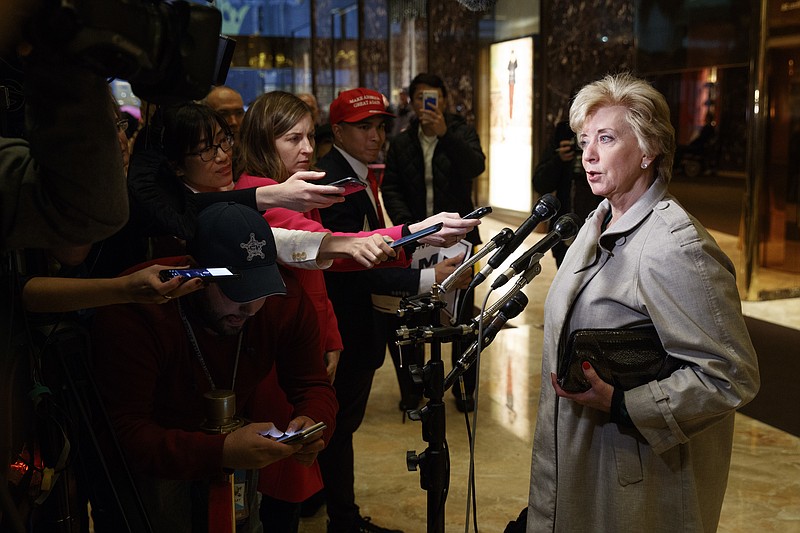 In this Nov. 30, 2016, file photo, Linda McMahon talks with reporters after a meeting with President-elect Donald Trump at Trump Tower in New York. President-elect Donald Trump will nominate wrestling executive Linda McMahon to serve as administrator of the Small Business Administration, a Cabinet-level position.