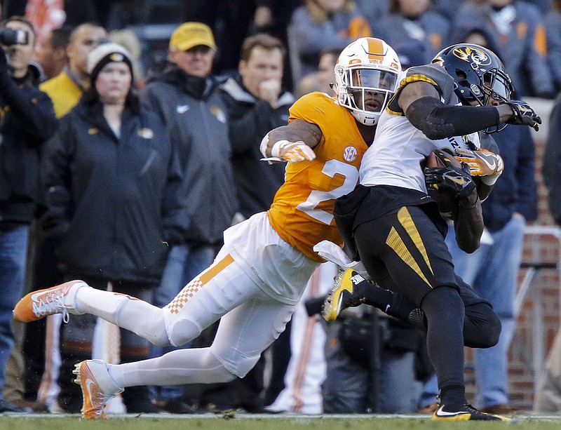 Tennessee defensive back Cameron Sutton celebrates a stop against the Missouri Tigers during the Nov. 19 game at Neyland Stadium. Tennessee won its final home game 63-37.