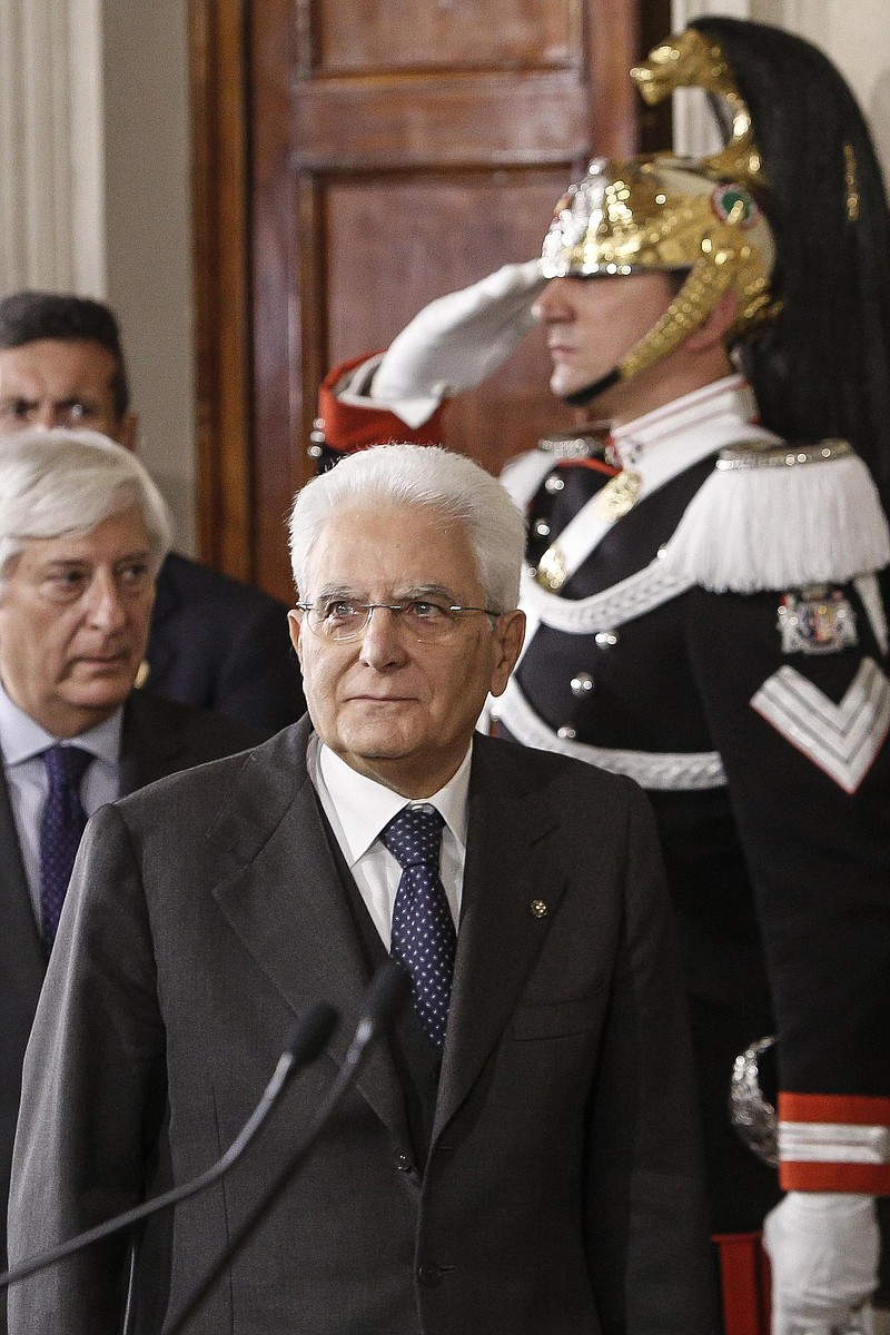 
              Italian President Sergio Mattarella arrives to meet reporters at the Quirinale Palace in Rome, Saturday, Dec. 10, 2016. With a banking crisis adding urgency, Italy’s president was wrapping up political consultations Saturday, including with Parliament’s largest party, the Democrats, before picking a replacement for caretaker Premier Matteo Renzi. (Giuseppe Lami/ANSA via AP)
            