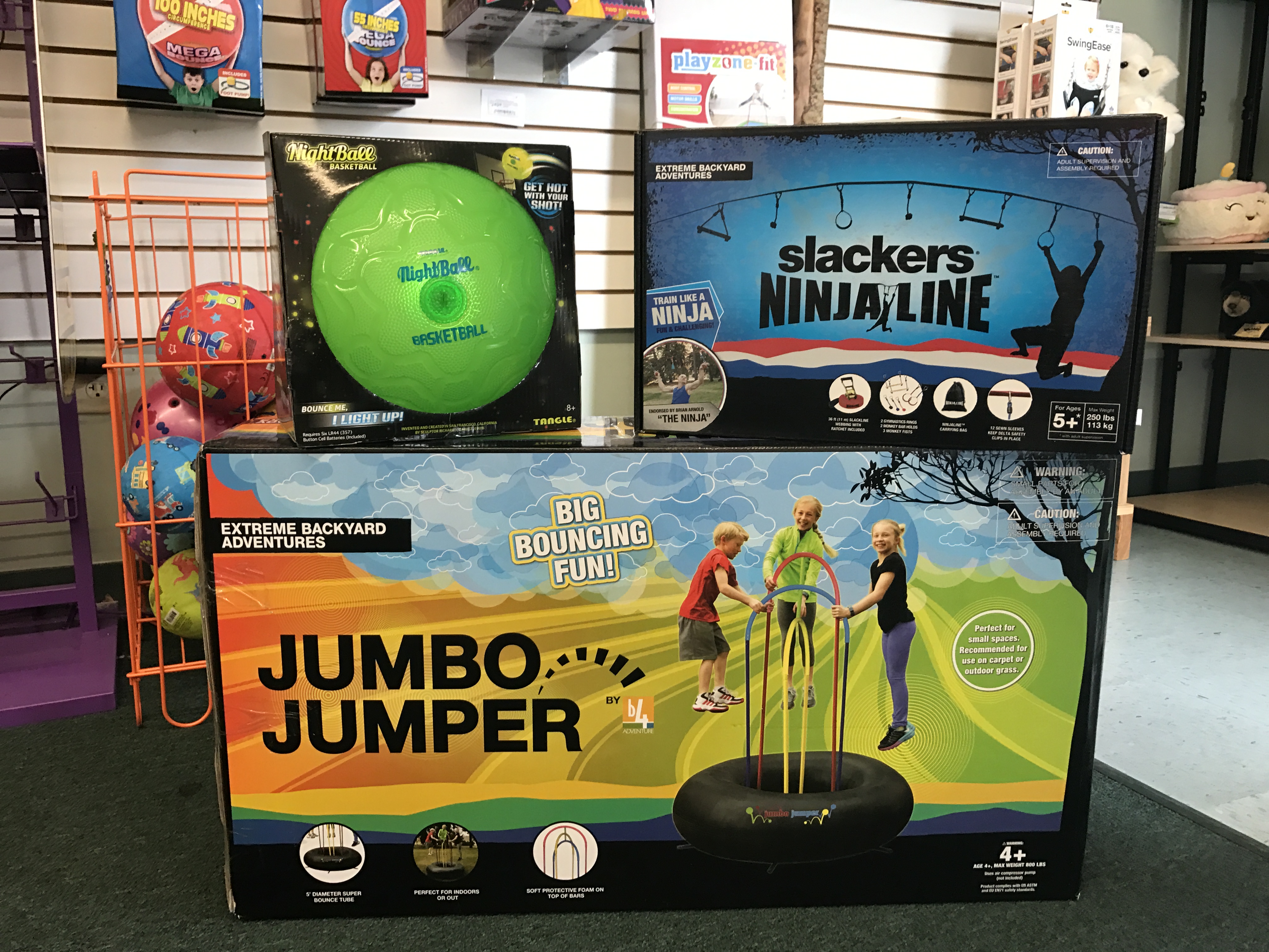 Mountain Top Toys has several new items for outdoor fun, including Nightball light-up basketballs, Slackers Ninjaline obstacle course kits and Jumbo Jumpers.