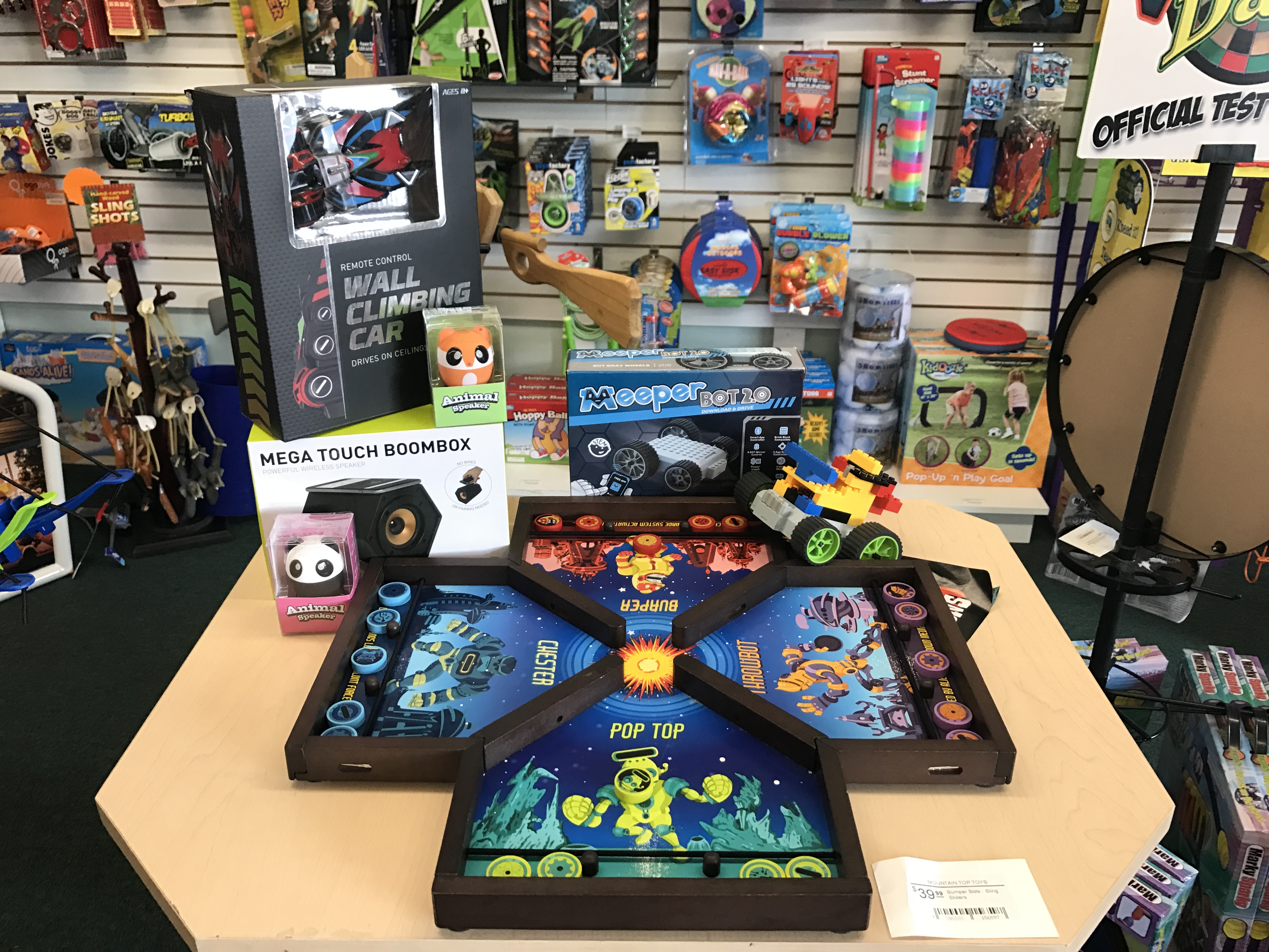 Popular toys this Christmas at Mountain Top Toys include remote-controlled wall-climbing cars, mini animal-shaped Bluetooth speakers, Mega Touch boomboxes, the meeperBOT 2.0 and the Bumper Bots board game.