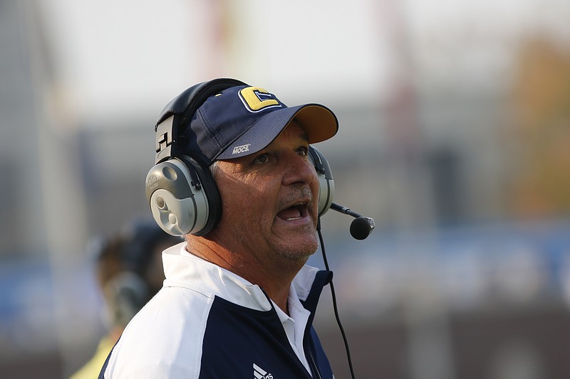 UTC head football coach Russ Huesman yells to players during the Mocs' home football game against the Wofford Terriers at Finely Stadium on Saturday, Nov. 12, 2016, in Chattanooga, Tenn.