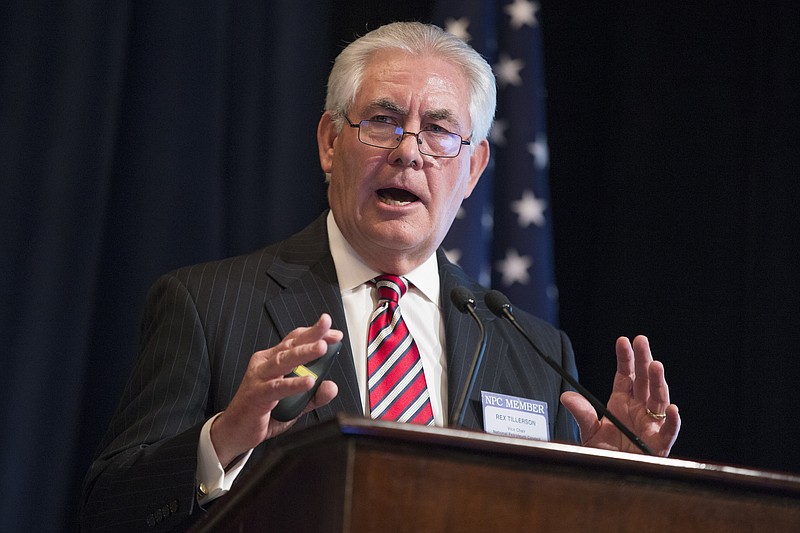 In this Friday, March 27, 2015, file photo, ExxonMobil CEO Rex Tillerson delivers remarks on the release of a report by the National Petroleum Council on oil drilling in the Arctic, in Washington. On Saturday, Dec. 10, 2016, President-elect Donald Trump moved closer to nominating Tillerson as his secretary of state, meeting privately with the business leader for the second time in a week. (AP Photo/Evan Vucci, File)