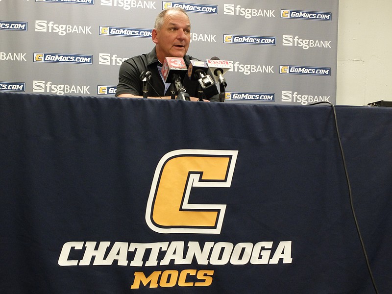 Former UTC football coach Russ Huesman talks to the media in December 2016 during his last news conference at McKenzie Arena. Huesman, a former Mocs football player, is now at Richmond.