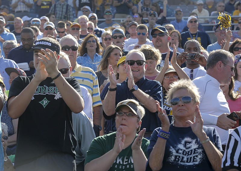 Fans cheer for UTC during the Mocs' home football game against the Mercer Bears at Finley Stadium on Saturday, Oct. 8, 2016, in Chattanooga, Tenn.