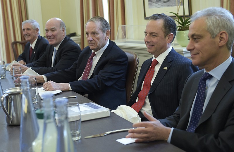 
              President-elect Donald Trump's incoming White House Chief of Staff Reince Priebus, second from right, attends a meeting with former White House Chiefs of Staff in the office of current White House Chief of Staff Denis McDonough at the White House in Washington, Friday, Dec. 16, 2016. From left are, Andrew Card, Bill Daley, Samuel Skinner, Priebus and Rahm Emanuel. (AP Photo/Susan Walsh)
            