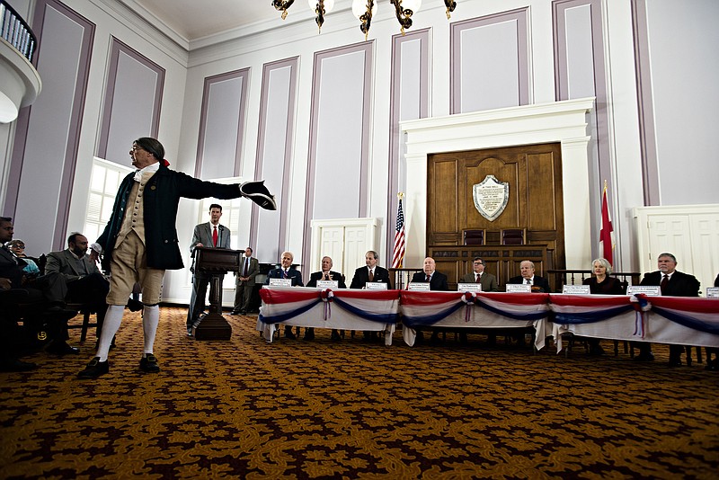 An actor performs as Benjamin Franklin stresses the importance of the Electoral College before the Alabama Electoral College casted their votes Alabama Capitol building on Monday, Dec. 19, 2016, in Montgomery, Ala. Alabama's nine presidential electors have all cast their ballots for Republican president-elect Donald Trump. (Albert Cesare/The Montgomery Advertiser via AP)