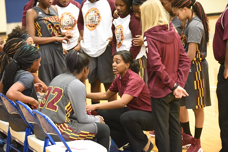 Tyner coach Katrich Williams instructs during a time out while playing Notre Dame during Wednesday's in first round game in the Times Free Press' Best of Preps basketball tournament at Chattanooga State.
