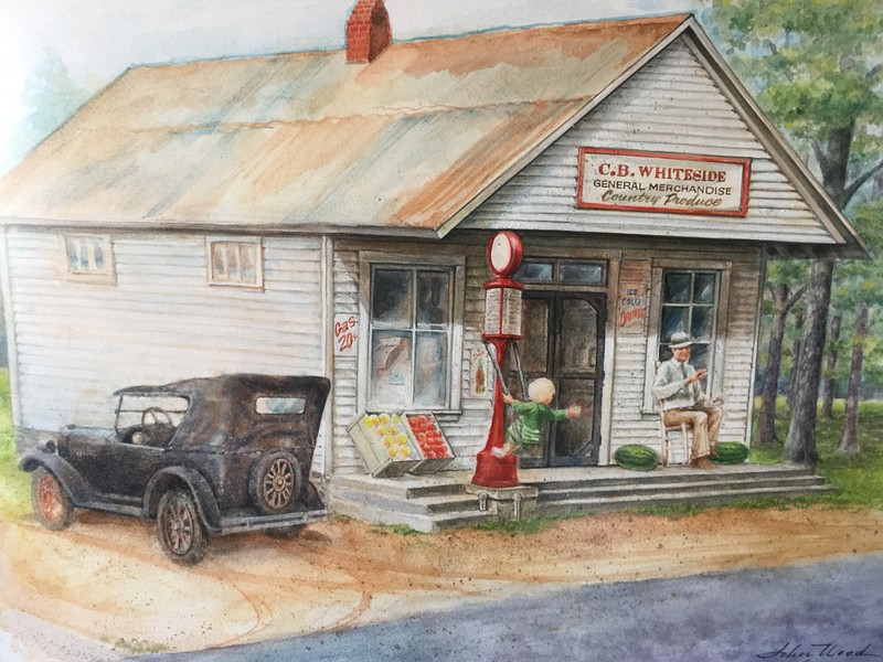 Artist John Wood used old photographs and verbal descriptions to create this pen-and-ink drawing of Mark Kennedy's grandfather's general store.