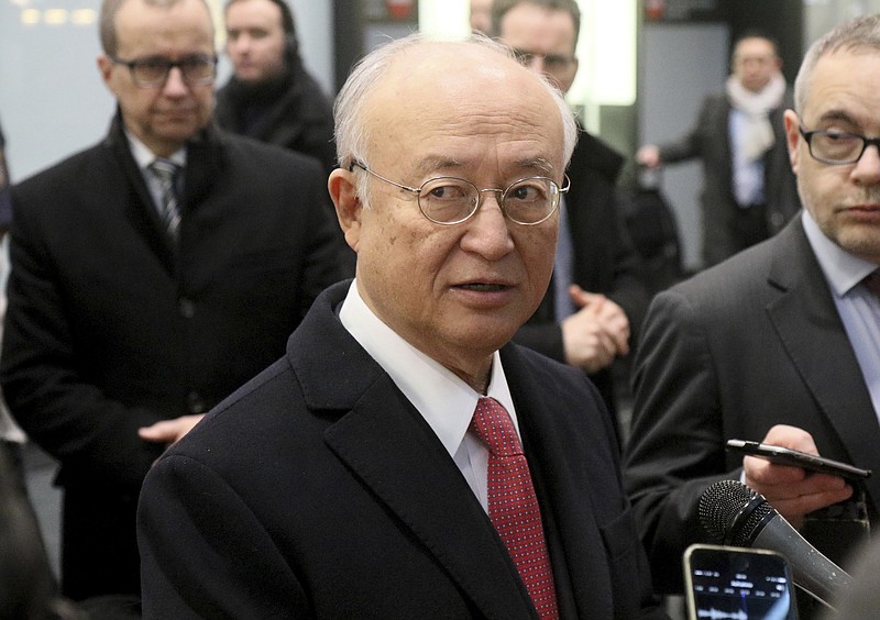 
              Director General of the International Atomic Energy Agency, IAEA, Yukiya Amano from Japan speaks to the media after returning from Iran at the Vienna International Airport, Austria, Monday, Dec. 19, 2016. Amano was visiting Iran for the second time since a landmark nuclear agreement with world powers went into effect at the start of this year. (AP Photo/Ronald Zak)
            