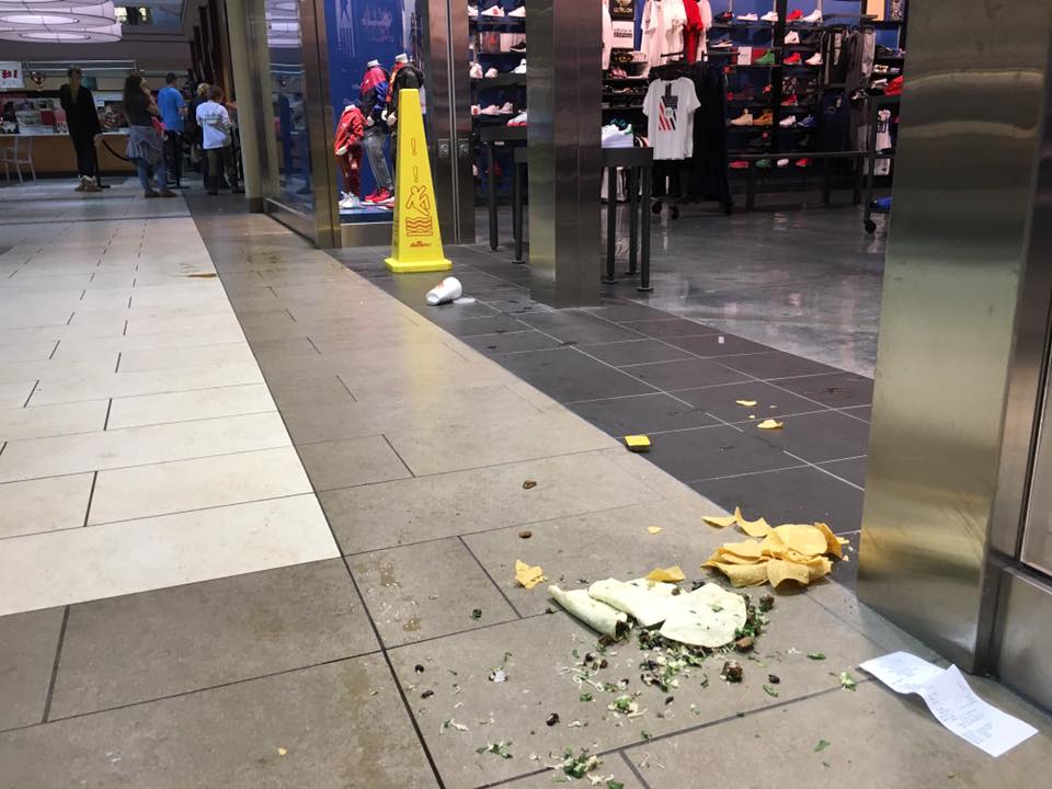 This photo shows a scene from Hamilton Place Mall, shortly after multiple individuals set off fireworks.