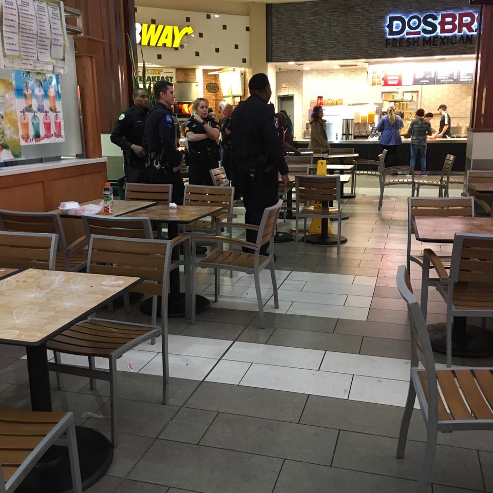 This photo shows a scene from Hamilton Place Mall, shortly after multiple individuals set off fireworks.
