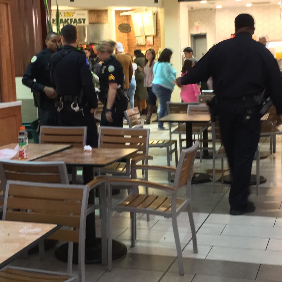This photo shows a scene from Hamilton Place Mall, shortly after multiple individuals set off fireworks.
