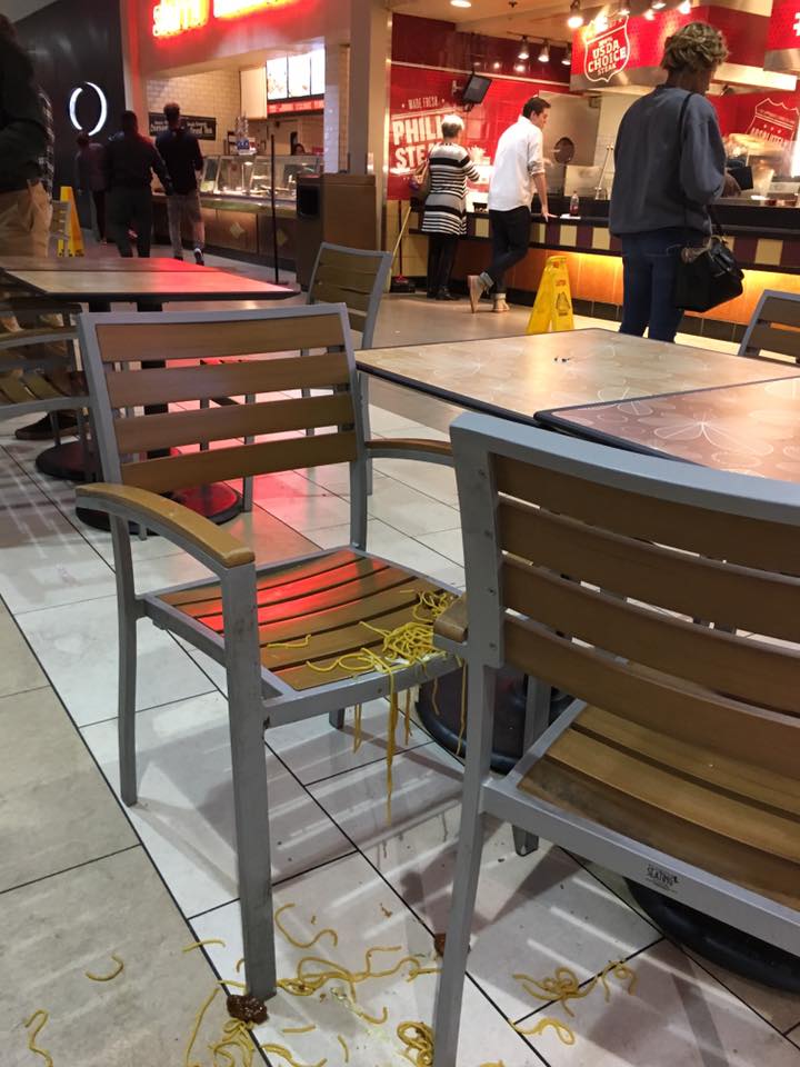 This photo shows a scene from Hamilton Place Mall, shortly after multiple individuals set off fireworks.