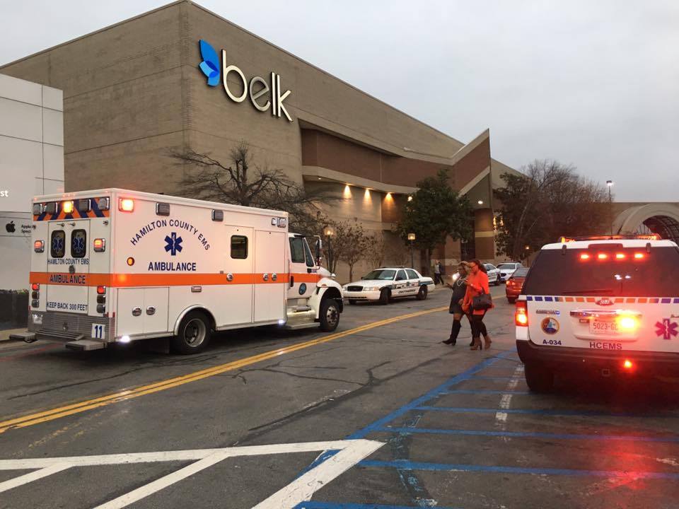 This photo shows a scene from Hamilton Place Mall, shortly after multiple individuals set off fireworks.