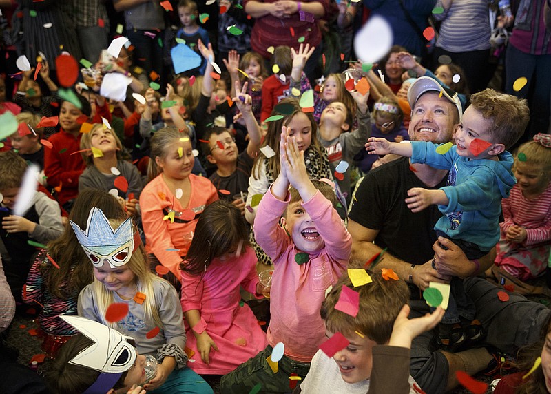 A confetti drop is part of the festivities at Creative Discovery Museum's New Year's at Noon celebration. Children also get to make "fireworks" by stomping on yards of bubble wrap.