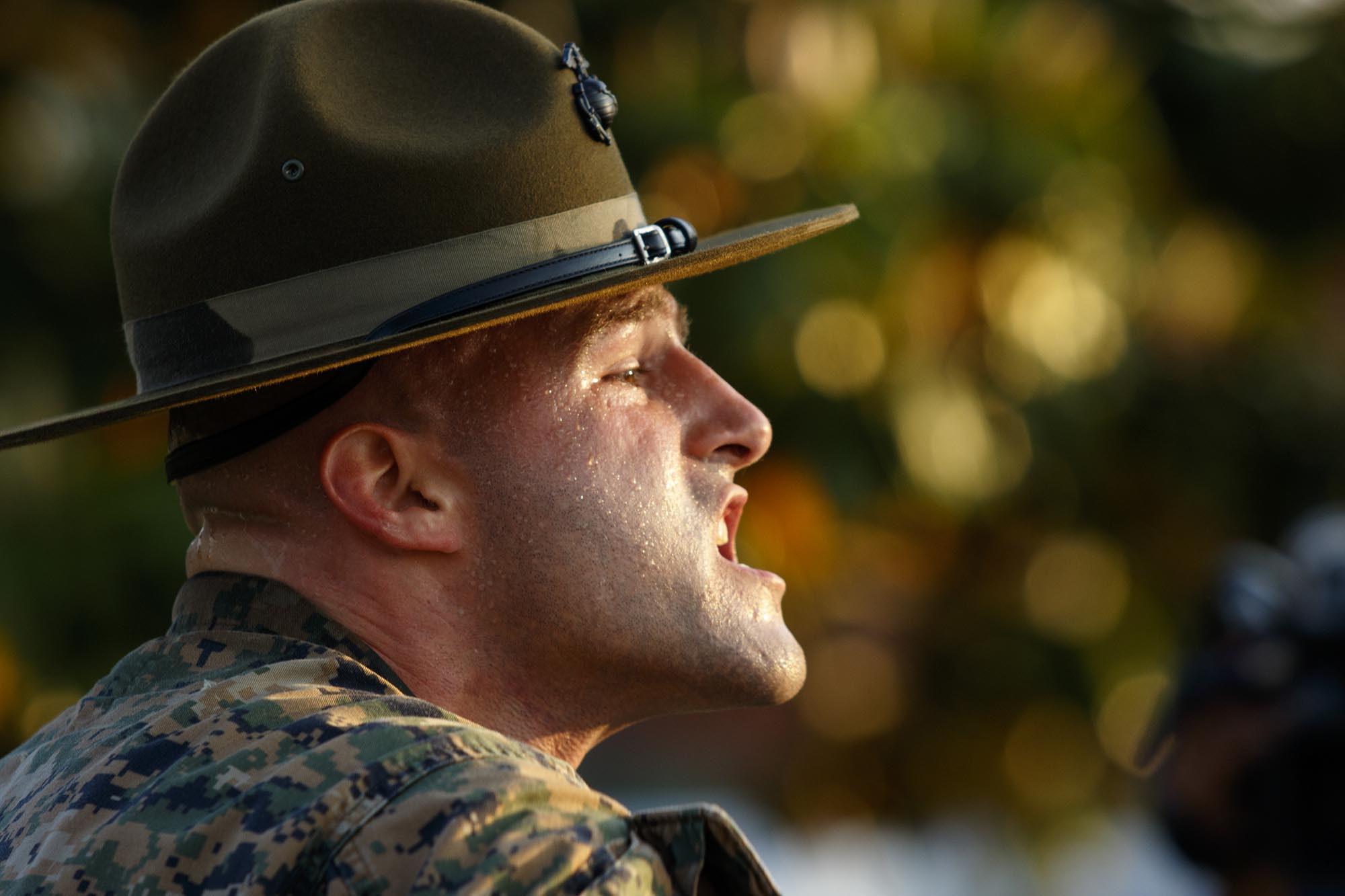 Drill instructor Sgt. Josiah Makuch shouts at educators from the Tennessee on the 1st day of the Marine Corps Educators' Workshop at the Marine Corps Recruit Depot on Tuesday, April 26, 2016, in Parris Island, South Carolina. Educators are given the opportunity to experience life as a marine corps recruit in boot camp during the 3-day workshop.