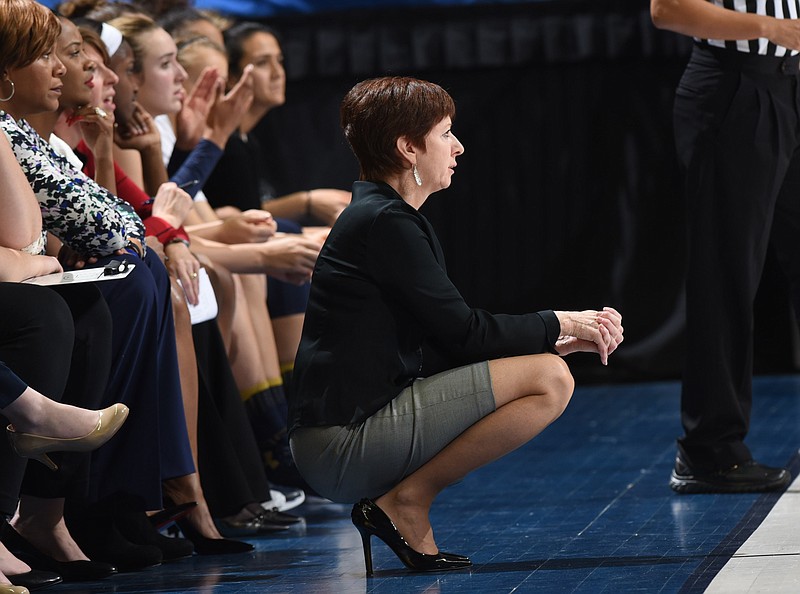 Notre Dame head coach Muffet McGraw watches her team during the game with UTC's Lady Mocs on Tuesday at McKenzie Arena.