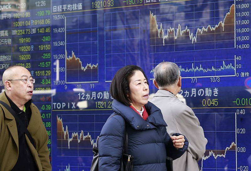 
              People walk past an electronic stock indicator of a securities firm in Tokyo, Thursday, Dec. 29, 2016. Asian shares drooped in thin trading Thursday, taking their cue from a slide on Wall Street as the stronger yen helped send Japanese stocks lower. (AP Photo/Shizuo Kambayashi)
            