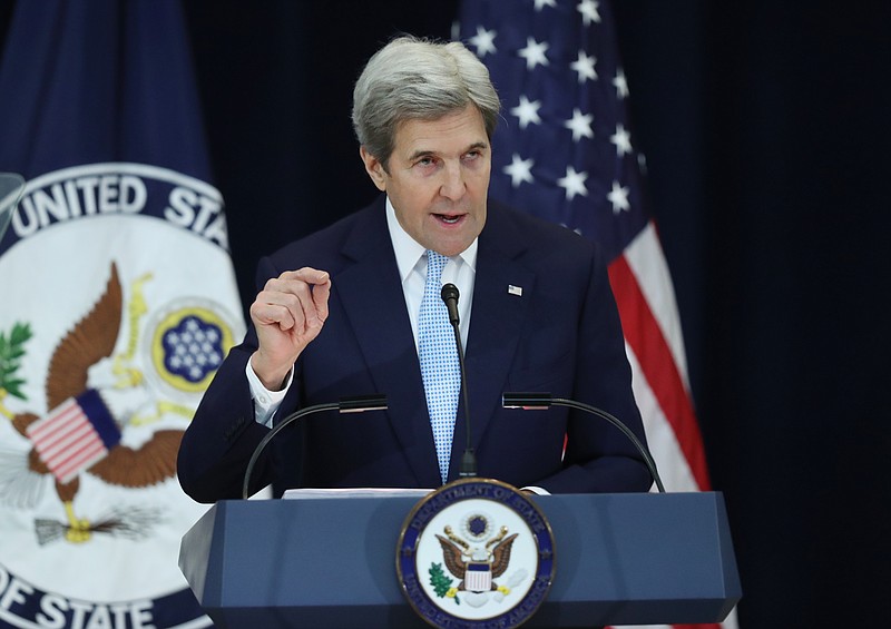 Secretary of State John Kerry speaks about Israeli-Palestinian policy, Wednesday, Dec. 28, 2016, at the State Department in Washington. (AP Photo/Andrew Harnik)