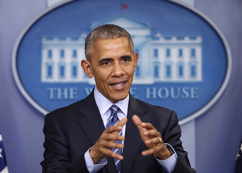 In this photo taken Dec. 16, 2016, President Barack Obama speaks during a news conference in the briefing room of the White House in Washington. President Barack Obama has imposed sanctions on Russian officials and intelligence services in retaliation for Russia's interference in the U.S. presidential election by hacking American political sites and email accounts. (AP Photo/Pablo Martinez Monsivais)