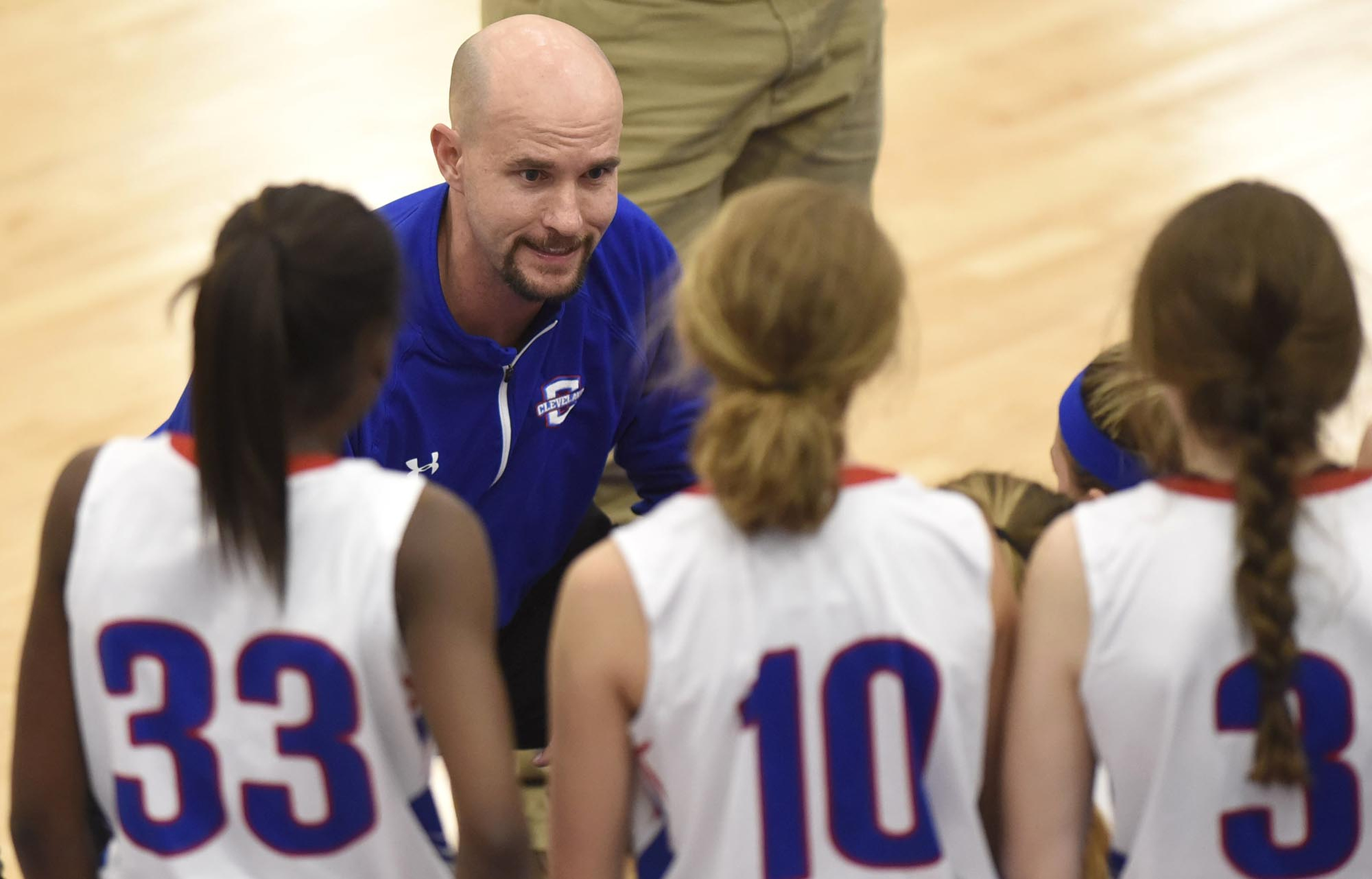 Cleveland head coach Tony Williams instructs his team during a timeout. The Meigs County Lady Tigers visited the Cleveland Lady Raiders in TSSAA girls basketball action during the Cleveland Holiday Tournament held on Friday December 30, 2016.