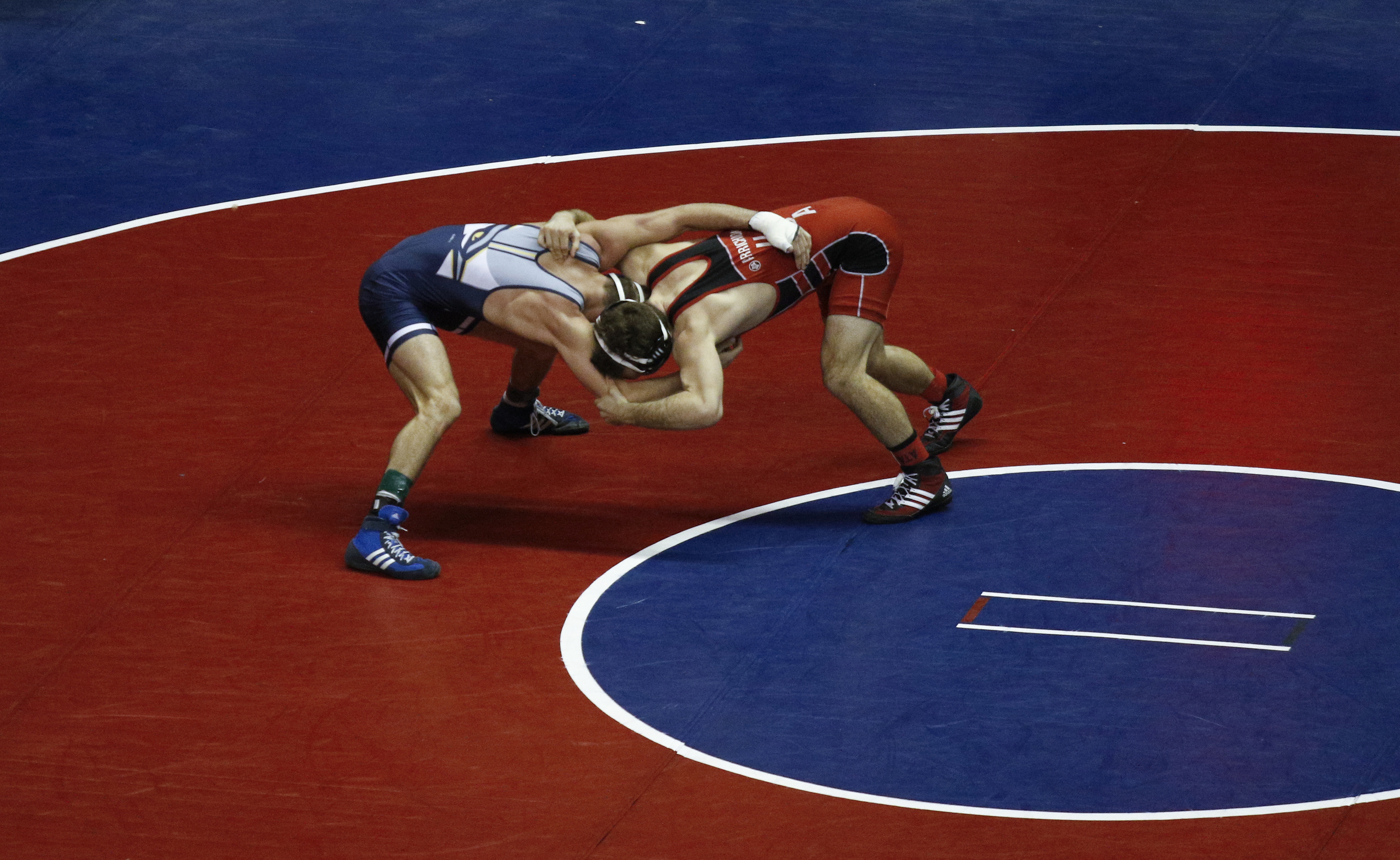 Chattanooga wrestler Roman Boylen, left, wrestles NCSU wrestler Will Clark in their round of 16 bout of the Southern Scuffle wrestling tournament at McKenzie Arena on Sunday, Jan. 1, 2016, in Chattanooga, Tenn.