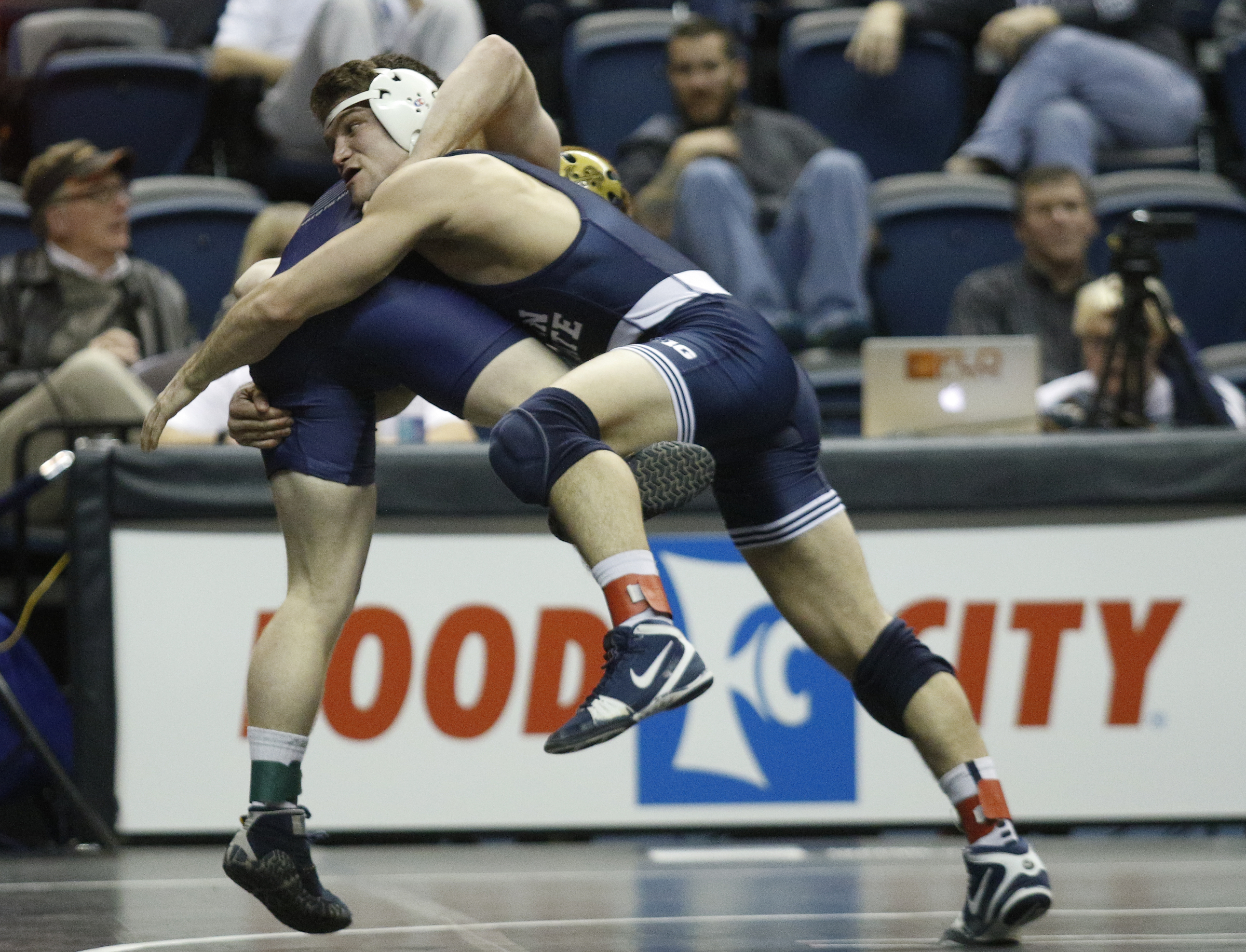 Penn. State wrestler Kade Moss, right, wrestles Navy wrestler Jared Prince in their round of 16 bout of the Southern Scuffle wrestling tournament at McKenzie Arena on Sunday, Jan. 1, 2016, in Chattanooga, Tenn.