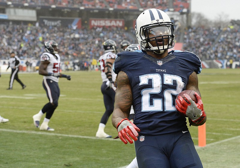 Tennessee Titans running back Derrick Henry coasts out of the end zone after a 2-yard touchdown run during Sunday's season-ending win against the Houston Texans in Nashville.