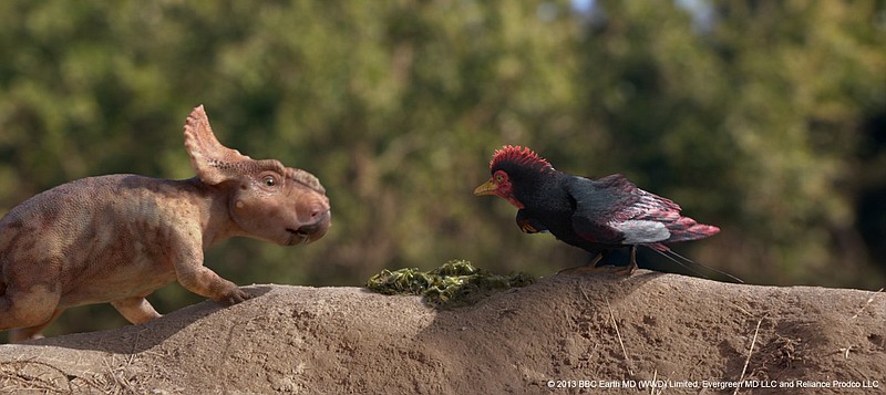 Patchi, a pachyrhinosaurus, meets Alex, a rook who can shapeshift into an alexornis, for the first time in the computer-
generated tale "Walking With Dinosaurs 3D."