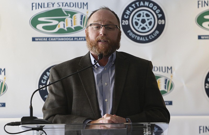 Sean McDaniel, general manager of the Chattanooga Football Club, speaks during a news conference at Finley Stadium on Tuesday, Jan. 3, 2016. Chattanooga will host Atlanta United's first matchup against CFC as well as the U.S. men's national team matchup against Jamaica in February. 