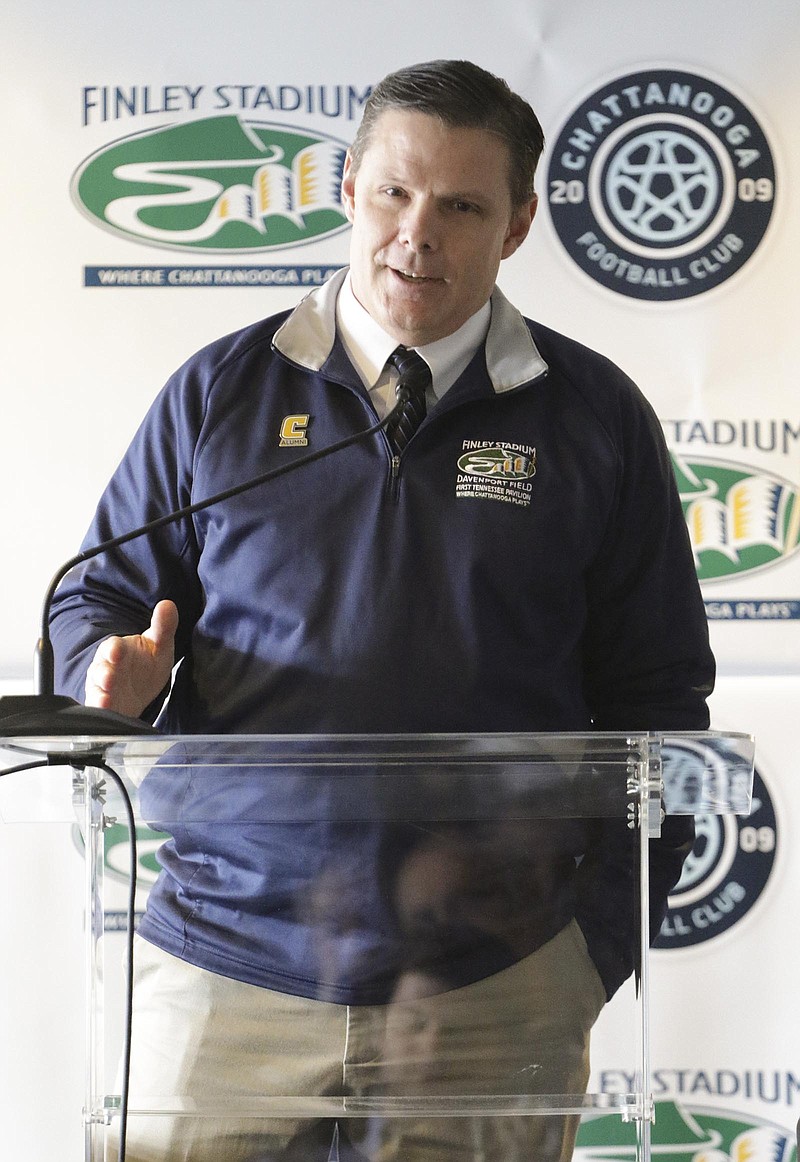 Paul Smith, executive director for Finley Stadium, speaks during a news conference at Finley Stadium on Tuesday, Jan. 3, 2016. Chattanooga will host Atlanta United's first matchup against CFC as well as the U.S. men's national team matchup against Jamaica in February. 