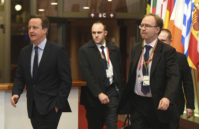 
              FILE - In this file photo dated  Friday, Feb. 19, 2016, British Prime Minister David Cameron, left, and Britain's permanent representative to European Union Ivan Rogers, right, leave after an EU summit in Brussels.  The British Foreign Office announced Tuesday Jan. 3, 2017, that Rogers has resigned, without giving any details about his departure.  (AP Photo/Geert Vanden Wijngaert, FILE)
            