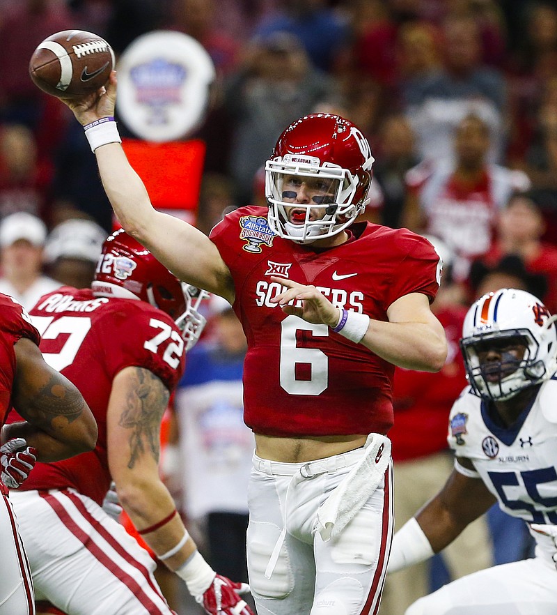 Oklahoma quarterback Baker Mayfield (6) throws a pass during the first half of the Sugar Bowl NCAA college football game against Auburn, Monday, Jan. 2, 2017, in New Orleans. (AP Photo/Butch Dill)