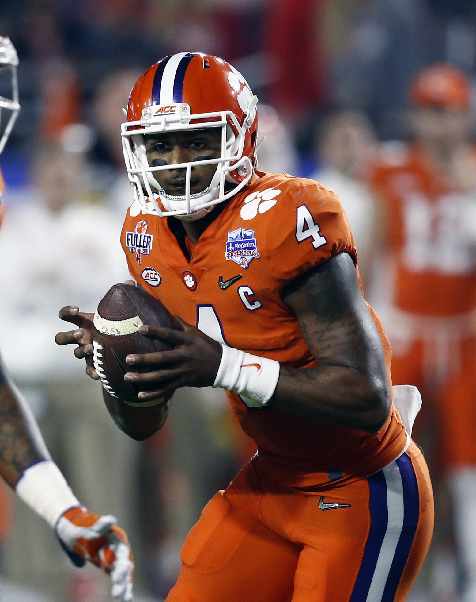 Clemson quarterback Deshaun Watson (4) during the Fiesta Bowl NCAA college football game against Ohio State, Saturday, Dec. 31, 2016, in Glendale, Ariz. (AP Photo/Rick Scuteri)