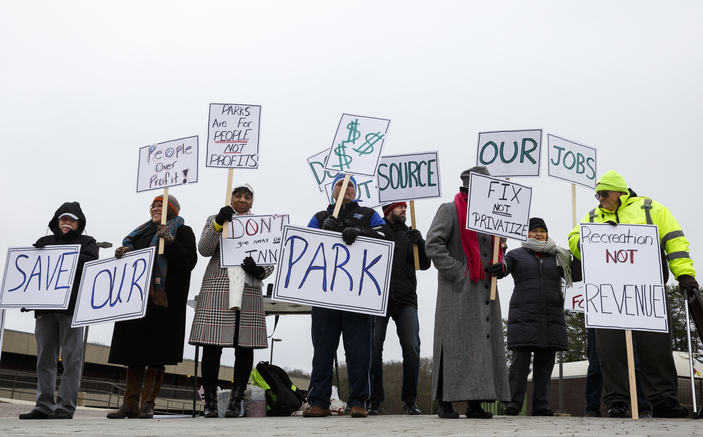 Demonstrators protest the privatization of the Fall Creek Falls State Park's hospitality services outside of the park's inn on Thursday, Jan. 5, 2017, near Spencer, Tenn. The Tennessee State Employees Association organized the protest, which coincided with a meeting by state officials and potential bidders at the park's inn.