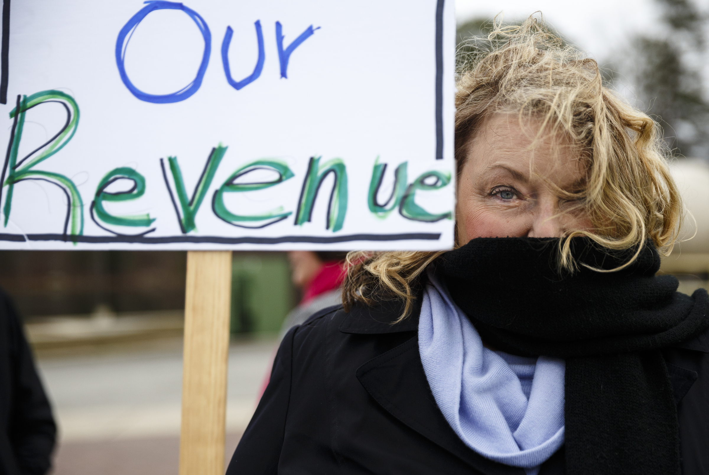 Pam Romans holds a sign with demonstrators protesting the privatization of the Fall Creek Falls State Park's hospitality services outside of the park's inn on Thursday, Jan. 5, 2017, near Spencer, Tenn. The Tennessee State Employees Association organized the protest, which coincided with a meeting by state officials and potential bidders at the park's inn.