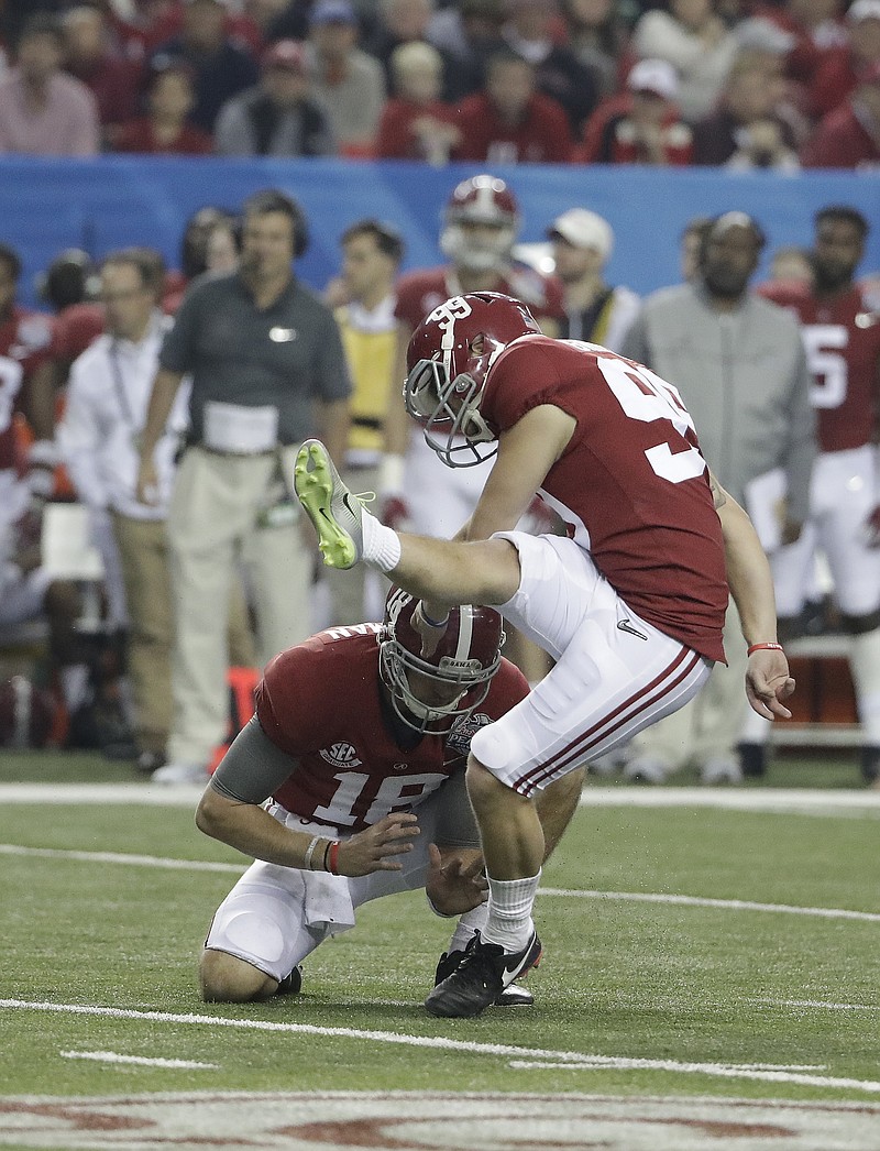 Alabama fifth-year senior kicker Adam Griffith made this 41-yard field-goal attempt last Saturday during the 24-7 win over Washington in the Peach Bowl. The former Calhoun High standout is 20-of-27 on field-goal tries this season.