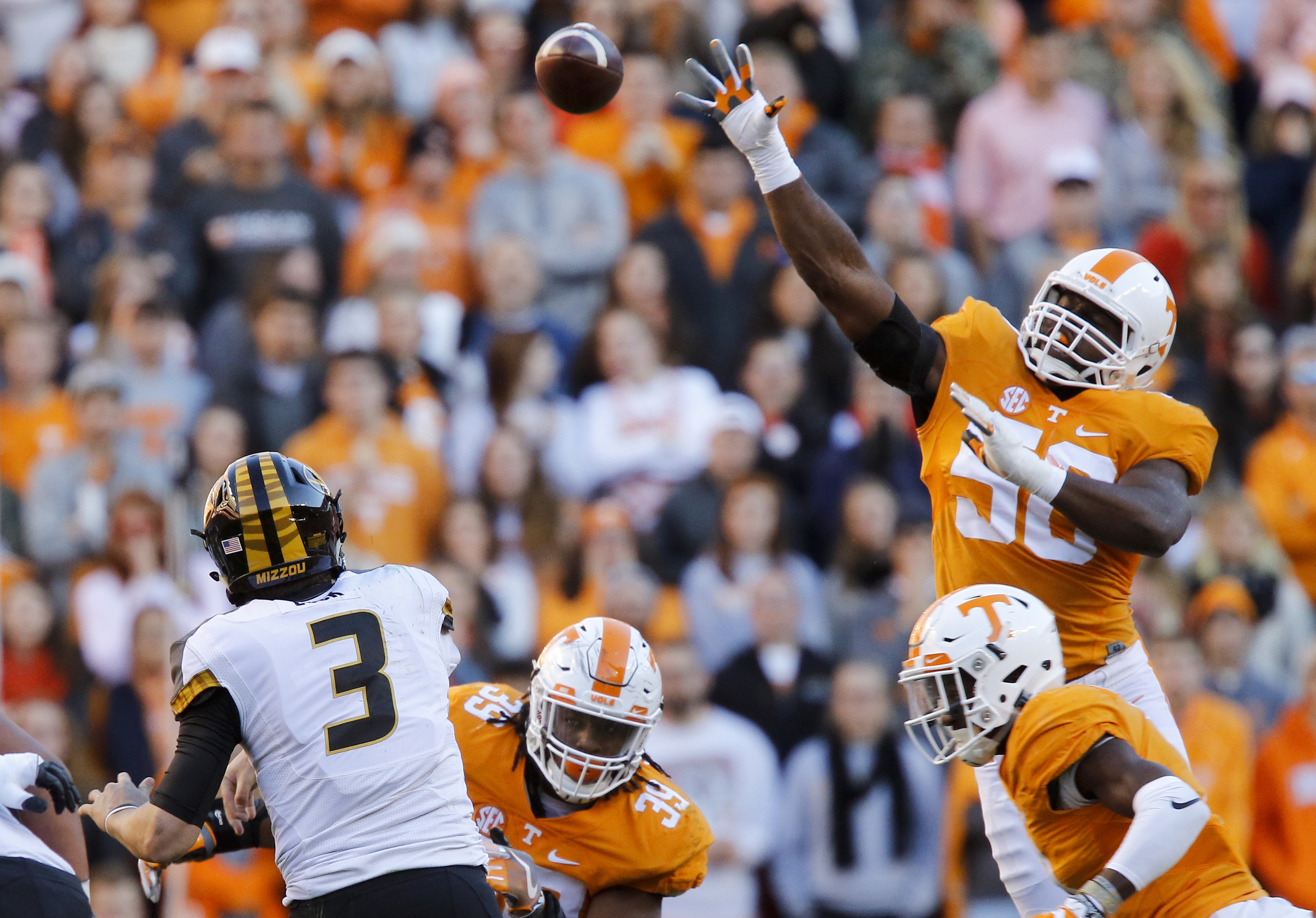 Tennessee defensive lineman Corey Vereen (50) leaps to defend a pass by Missouri quarterback Drew Lock during the Vols' home football game against the Missouri Tigers at Neyland Stadium on Saturday, Nov. 19, 2016, in Chattanooga, Tenn. Tennessee won their final home game of the season 63-37.