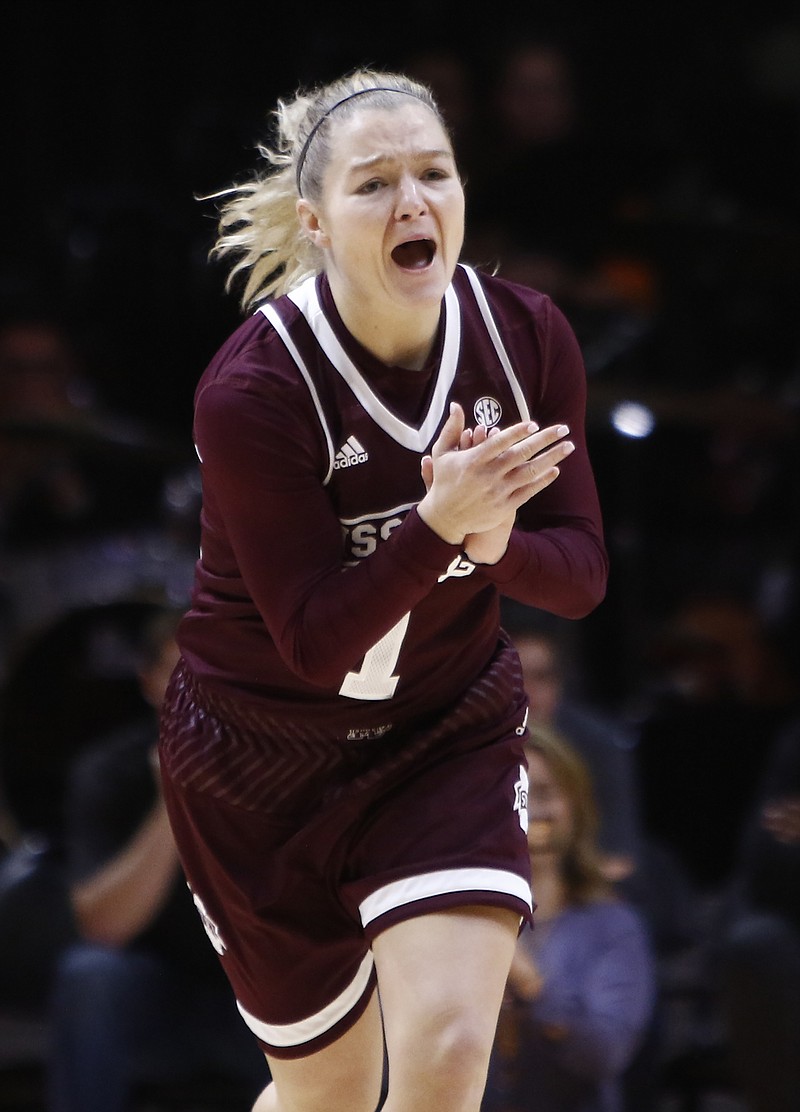 Mississippi State guard Blair Schaefer (1) reacts after making a three-point basket during an NCAA college basketball game against Tennessee, Sunday, Jan. 8, 2017, in Knoxville, Tenn. (AP Photo/Wade Payne)

