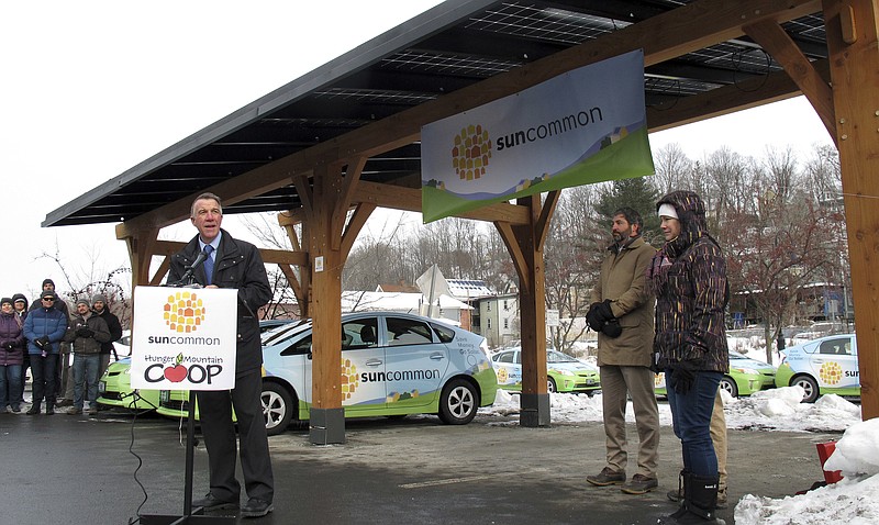 
              Vermont Republican Gov. Phil Scott stands in front of a new solar power project he helped inaugurate on Monday, Jan. 9, 2017 in Montpelier, Vt. Scott, who took office last week, said he remains committed to the goal set by his predecessor of getting 90 percent of the state's power from renewable sources by 2050. (AP Photo/Wilson Ring)
            