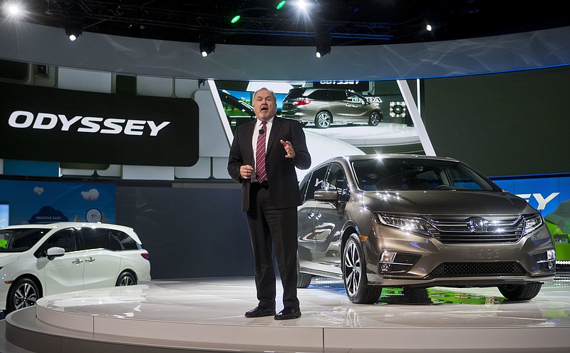 
              American Honda Executive Vice President John Mendel speaks about the new Honda Odyssey minivan at the North American International Auto Show, Monday, Jan. 9, 2017, in Detroit. (AP Photo/Tony Ding)
            