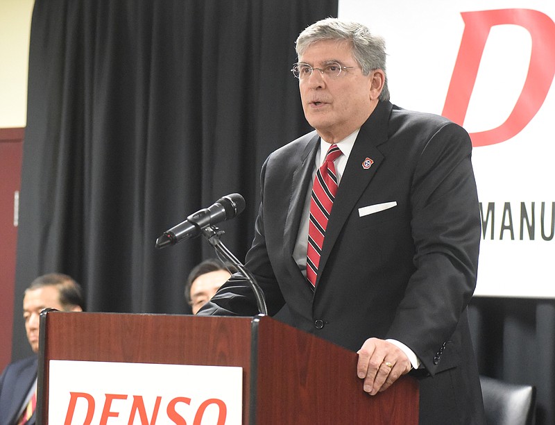 Burns Phillips, commissioner of the department of labor and workforce development for the state of Tennessee, speaks at a news conference Wednesday, Jan. 28, 2015, at the Denso manufacturing plant in Athens, Tenn. The company announced an expansion at the event.
