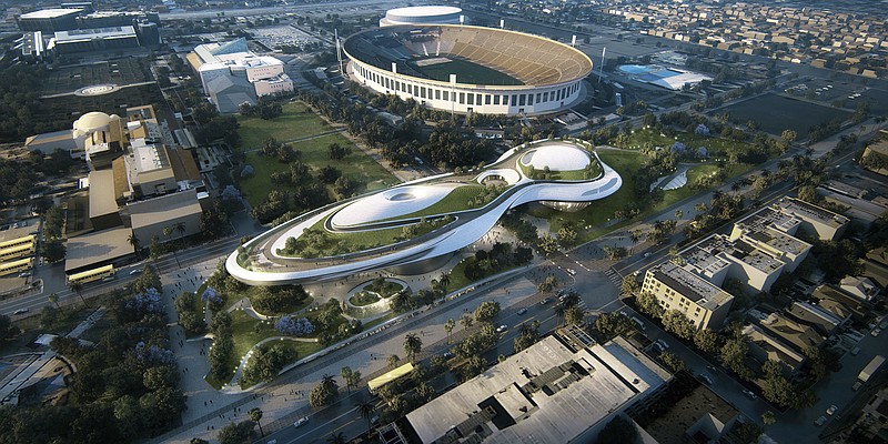
              FILE - This undated file concept design provided by the Lucas Museum of Narrative Art shows a rendering of their proposed museum, just west and north of the Coliseum in Exposition Park in Los Angeles. "Star Wars" creator George Lucas and his team announced Tuesday, Jan. 10, 2017, they have chosen Los Angeles over San Francisco as the home of the museum that will showcase his work. After what organizers called an extremely difficult decision, they announced Tuesday that the museum will be built in Exposition Park in Los Angeles, where it will sit alongside other more traditional museums. (Lucas Museum of Narrative Art via AP, File)
            