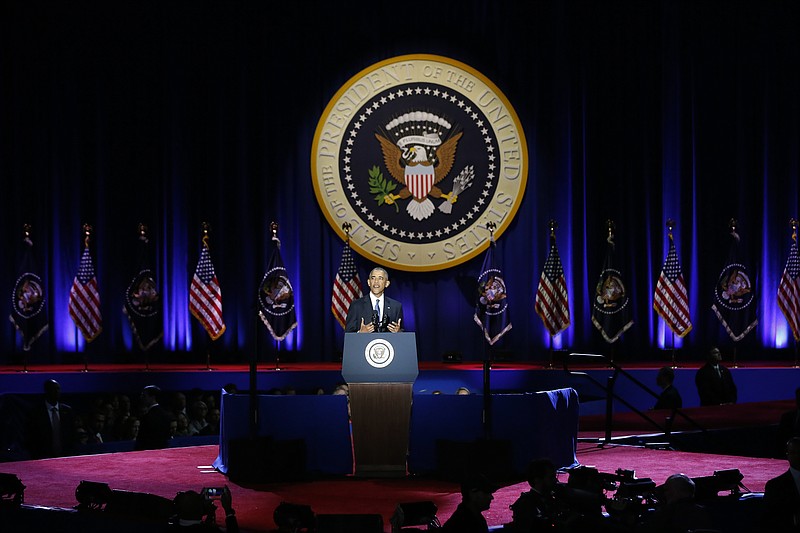 
              President Barack Obama speaks at McCormick Place in Chicago, Tuesday, Jan. 10, 2017, giving his presidential farewell address. (AP Photo/Charles Rex Arbogast)
            