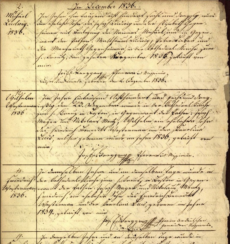 
              This image provided Monday, Jan. 9, 2017 by the New England Historic Genealogical Society shows a portion of a record of Roman Catholic baptisms from the Holy Trinity Church in 1836 in Boston. The society and the Archdiocese of Boston teamed up to make historic Catholic records dating to 1789 available online to people around the world looking to trace their roots. (New England Historic Genealogical Society via AP)
            