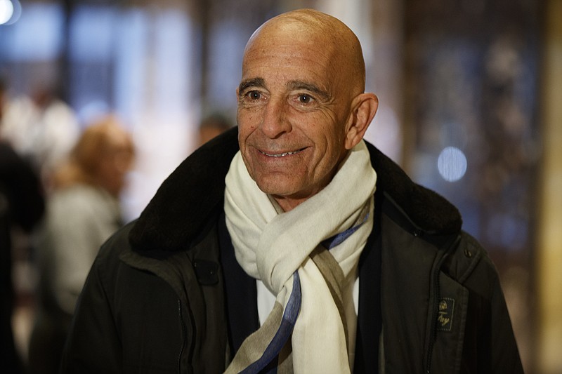 
              Tom Barrack, chairman of the inaugural committee, speaks with reporters in the lobby of Trump Tower in New York, Tuesday, Jan. 10, 2017, before meeting with President-elect Donald Trump. (AP Photo/Evan Vucci)
            