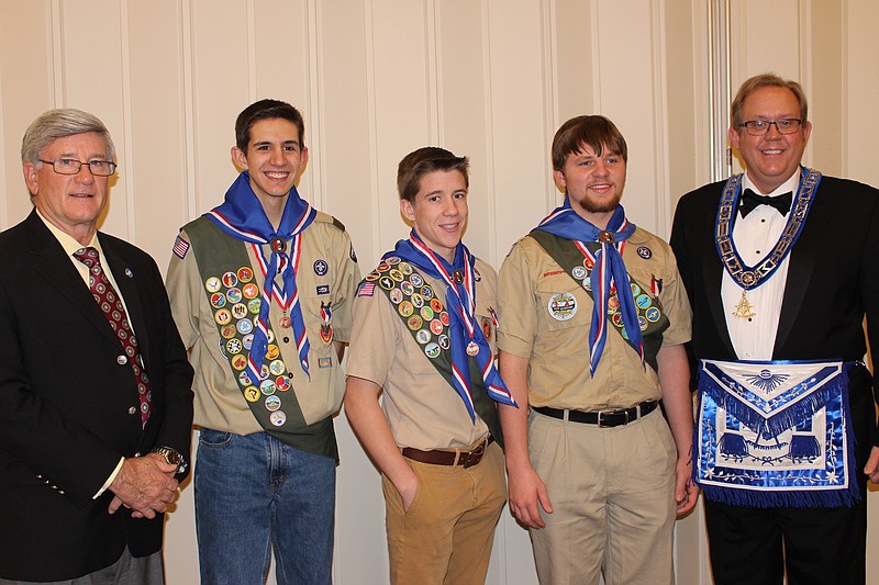 At the Eagle Scout Court of Honor are, from left, state Sen. Todd Gardenhire, Hardy DeLay V, Zach Ward, Sam Hemrick and Tracy Wright, Ringgold High School band director and representative of Georgia Freemasons.