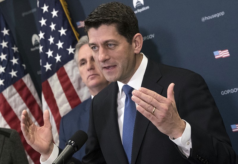 
              In this Jan. 10, 2017, photo, House Speaker Paul Ryan of Wis., accompanied by House Majority Leader Kevin McCarthy of Calif., meets with reporters on Capitol Hill in Washington. For decades, congressional Republicans have pushed to slash the budget and reduce the size of the federal government, especially during the eight years Democratic President Barack Obama was in office. Now that Republican President-elect Donald Trump is poised to take charge, deficits and debt just don’t seem to matter to the GOP.  The first significant piece of legislation under unified Republican rule is a budget measure that, as a prerequisite for a speedy repeal of the Affordable Care Act, endorses deficits adding almost $10 trillion to the debt over the coming decade. (AP Photo/J. Scott Applewhite)
            