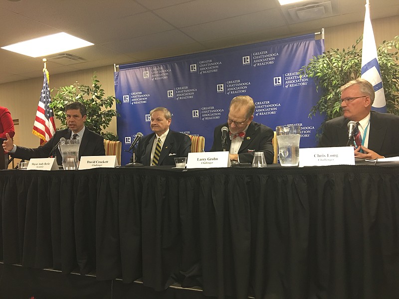 Chattanooga Mayor Andy Berke and mayoral challengers David Crockett, Larry Grohn and Chris Long speak at a forum hosted by the Greater Chattanooga Association of Realtors. 
